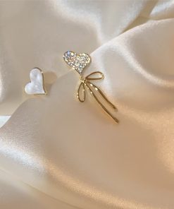 Asymmetrical Love Heart Bow Earrings - High-End Korean Style Light Luxury Ear Studs for Women