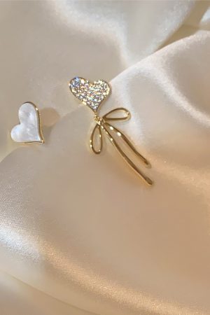 Asymmetrical Love Heart Bow Earrings - High-End Korean Style Light Luxury Ear Studs for Women