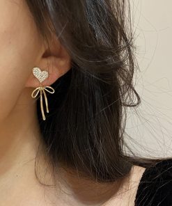 Asymmetrical Love Heart Bow Earrings - High-End Korean Style Light Luxury Ear Studs for Women