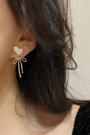Asymmetrical Love Heart Bow Earrings - High-End Korean Style Light Luxury Ear Studs for Women