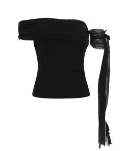 Asymmetrical Off-Shoulder Pleated Slim-Fit Top - Elegant Flowing Strap Knitted Short Sleeve T-Shirt for Chic Casual Style