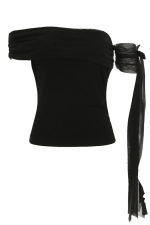 Asymmetrical Off-Shoulder Pleated Slim-Fit Top - Elegant Flowing Strap Knitted Short Sleeve T-Shirt for Chic Casual Style