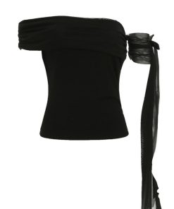 Asymmetrical Off-Shoulder Pleated Slim-Fit Top - Elegant Flowing Strap Knitted Short Sleeve T-Shirt for Chic Casual Style