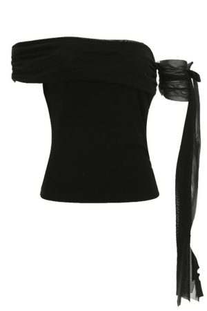 Asymmetrical Off-Shoulder Pleated Slim-Fit Top - Elegant Flowing Strap Knitted Short Sleeve T-Shirt for Chic Casual Style