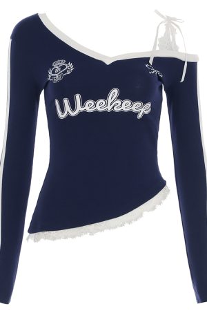 Asymmetrical Shoulder T-shirt with Lace Splicing and Tie Design - American Casual Sports Style Letter Print Top for Y2K Fashion