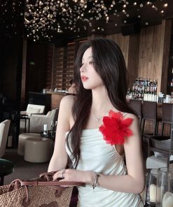 Asymmetrical White Sling Top for Women with Ruffles, Waist-Cinching, and Floral Details - Summer 90s Y2K Style