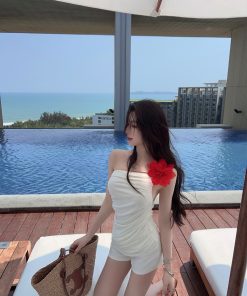 Asymmetrical White Sling Top for Women with Ruffles, Waist-Cinching, and Floral Details - Summer 90s Y2K Style