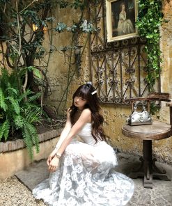 Audrey Tea Party Fake Two-Piece French Lace Camisole Dress - Women's Summer Waist-Defining Slim Long Dress, Vintage Inspired, Elegant Style