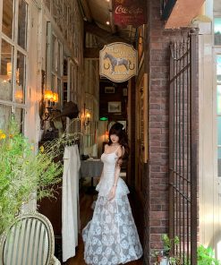 Audrey Tea Party Fake Two-Piece French Lace Camisole Dress - Women's Summer Waist-Defining Slim Long Dress, Vintage Inspired, Elegant Style