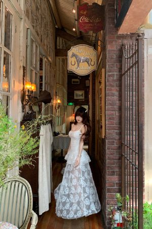 Audrey Tea Party Fake Two-Piece French Lace Camisole Dress - Women's Summer Waist-Defining Slim Long Dress, Vintage Inspired, Elegant Style