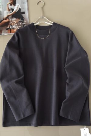 Autumn 2025 Seamless Wide Loose Fit Half High Neck Long Sleeve Cotton T-Shirt - Gray Back Spliced Pullover for Effortless Style