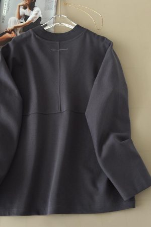 Autumn 2025 Seamless Wide Loose Fit Half High Neck Long Sleeve Cotton T-Shirt - Gray Back Spliced Pullover for Effortless Style