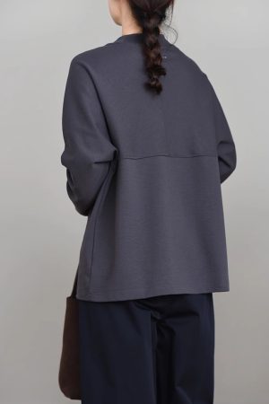 Autumn 2025 Seamless Wide Loose Fit Half High Neck Long Sleeve Cotton T-Shirt - Gray Back Spliced Pullover for Effortless Style
