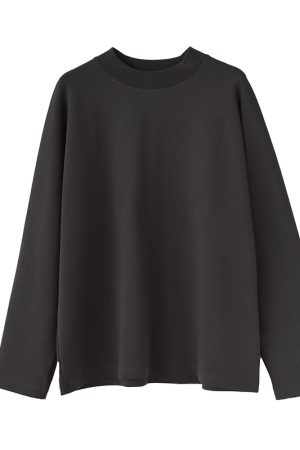 Autumn 2025 Seamless Wide Loose Fit Half High Neck Long Sleeve Cotton T-Shirt - Gray Back Spliced Pullover for Effortless Style
