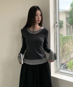 Autumn 3D Rose Cuff Layered Casual Knitted Top - Elegant Two-Piece Shirt for Chic 90s & Y2K Style