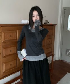 Autumn 3D Rose Cuff Layered Casual Knitted Top - Elegant Two-Piece Shirt for Chic 90s & Y2K Style