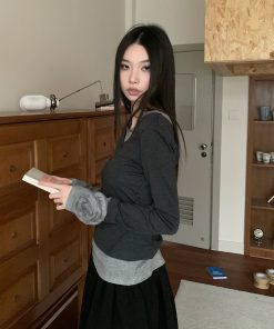 Autumn 3D Rose Cuff Layered Casual Knitted Top - Elegant Two-Piece Shirt for Chic 90s & Y2K Style