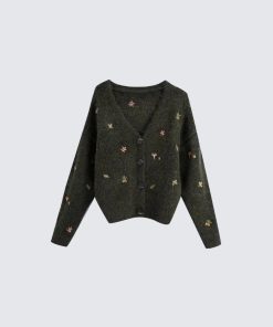 Autumn Dark Outfits, Different Types Of Pants For Women - Goblincore Leaf Embroidery Cardigan