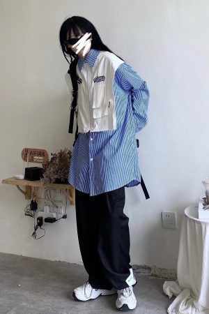 Autumn Handmade Striped Shirt with Vest Splicing - Loose Unisex Fashion Workwear, 90s Inspired Two-Piece Look