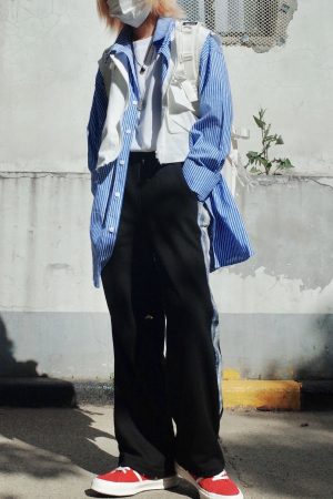 Autumn Handmade Striped Shirt with Vest Splicing - Loose Unisex Fashion Workwear, 90s Inspired Two-Piece Look