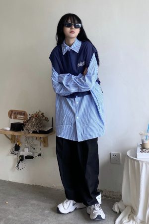 Autumn Handmade Striped Shirt with Vest Splicing - Loose Unisex Fashion Workwear, 90s Inspired Two-Piece Look