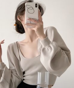 Autumn Knitted Long Sleeve Cardigan & Camisole Two-Piece Set for Women - Cozy Soft Sweater Outfit, Perfect for Layering