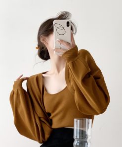 Autumn Knitted Long Sleeve Cardigan & Camisole Two-Piece Set for Women - Cozy Soft Sweater Outfit, Perfect for Layering