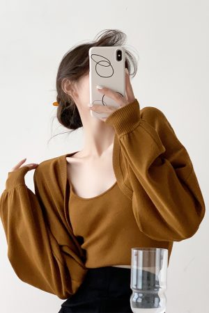 Autumn Knitted Long Sleeve Cardigan & Camisole Two-Piece Set for Women - Cozy Soft Sweater Outfit, Perfect for Layering