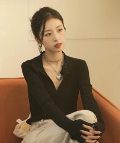 Autumn Knitted Polo Collar Sweater for Women - Black Long-Sleeved Top, Inspired by Zhou Yutong Style, 90s Fashion Vibes