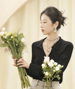 Autumn Knitted Polo Collar Sweater for Women - Black Long-Sleeved Top, Inspired by Zhou Yutong Style, 90s Fashion Vibes