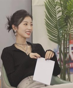 Autumn Knitted Polo Collar Sweater for Women - Black Long-Sleeved Top, Inspired by Zhou Yutong Style, 90s Fashion Vibes