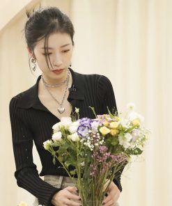 Autumn Knitted Polo Collar Sweater for Women - Black Long-Sleeved Top, Inspired by Zhou Yutong Style, 90s Fashion Vibes