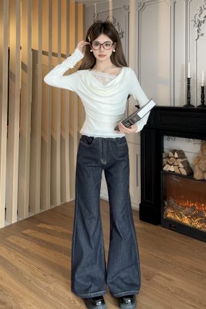 Autumn Lace Knitted Layered Mock Two-Piece Base Top - Slim Fit, Elegant Knitwear for 90s-Inspired Fall Fashion
