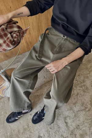 Autumn New American Street Style Green Casual Wide Leg Pants for Men - Versatile Straight Leg Trousers
