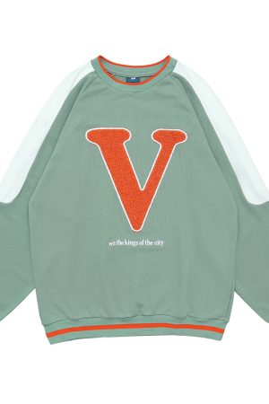 Autumn Oversize Round Neck Sweatshirt for Couples - Handmade Embroidery Print & Splicing - Trendy Unisex Style