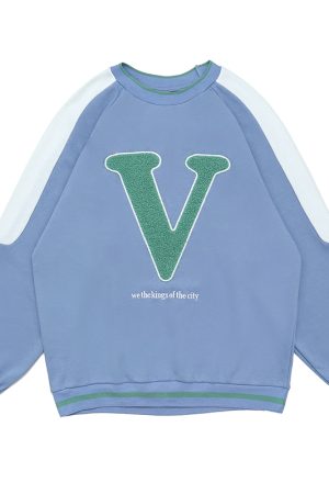 Autumn Oversize Round Neck Sweatshirt for Couples - Handmade Embroidery Print & Splicing - Trendy Unisex Style