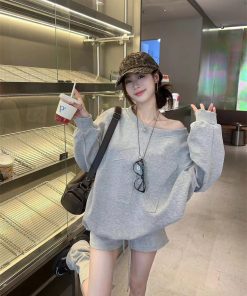 Autumn Pumpkin Korean Style Long Sleeve Off-Shoulder Sweatshirt & Short Skirt Casual Two-Piece Set for Women