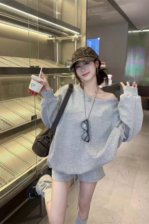 Autumn Pumpkin Korean Style Long Sleeve Off-Shoulder Sweatshirt & Short Skirt Casual Two-Piece Set for Women