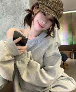 Autumn Pumpkin Korean Style Long Sleeve Off-Shoulder Sweatshirt & Short Skirt Casual Two-Piece Set for Women