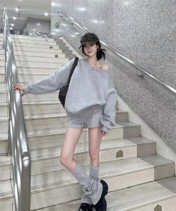 Autumn Pumpkin Korean Style Long Sleeve Off-Shoulder Sweatshirt & Short Skirt Casual Two-Piece Set for Women