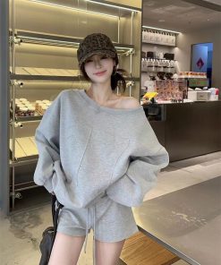 Autumn Pumpkin Korean Style Long Sleeve Off-Shoulder Sweatshirt & Short Skirt Casual Two-Piece Set for Women