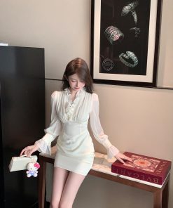 Autumn Satin Chiffon Ruffled V-Neck White Dress - High Waist Slim Fit Elegant Short Skirt for Fall Fashion