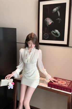 Autumn Satin Chiffon Ruffled V-Neck White Dress - High Waist Slim Fit Elegant Short Skirt for Fall Fashion