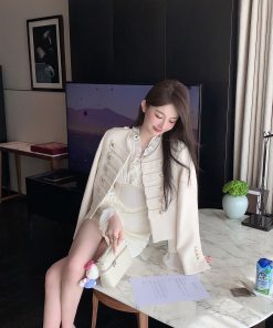 Autumn Satin Chiffon Ruffled V-Neck White Dress - High Waist Slim Fit Elegant Short Skirt for Fall Fashion