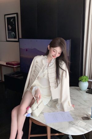 Autumn Satin Chiffon Ruffled V-Neck White Dress - High Waist Slim Fit Elegant Short Skirt for Fall Fashion