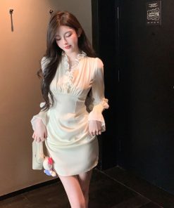 Autumn Satin Chiffon Ruffled V-Neck White Dress - High Waist Slim Fit Elegant Short Skirt for Fall Fashion