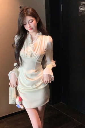 Autumn Satin Chiffon Ruffled V-Neck White Dress - High Waist Slim Fit Elegant Short Skirt for Fall Fashion