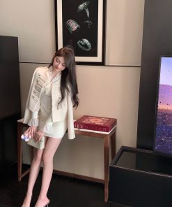 Autumn Satin Chiffon Ruffled V-Neck White Dress - High Waist Slim Fit Elegant Short Skirt for Fall Fashion