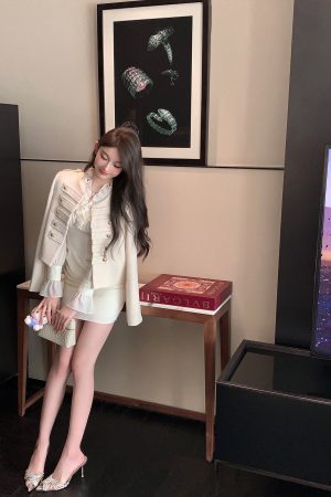 Autumn Satin Chiffon Ruffled V-Neck White Dress - High Waist Slim Fit Elegant Short Skirt for Fall Fashion