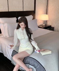 Autumn Satin Chiffon Ruffled V-Neck White Dress - High Waist Slim Fit Elegant Short Skirt for Fall Fashion